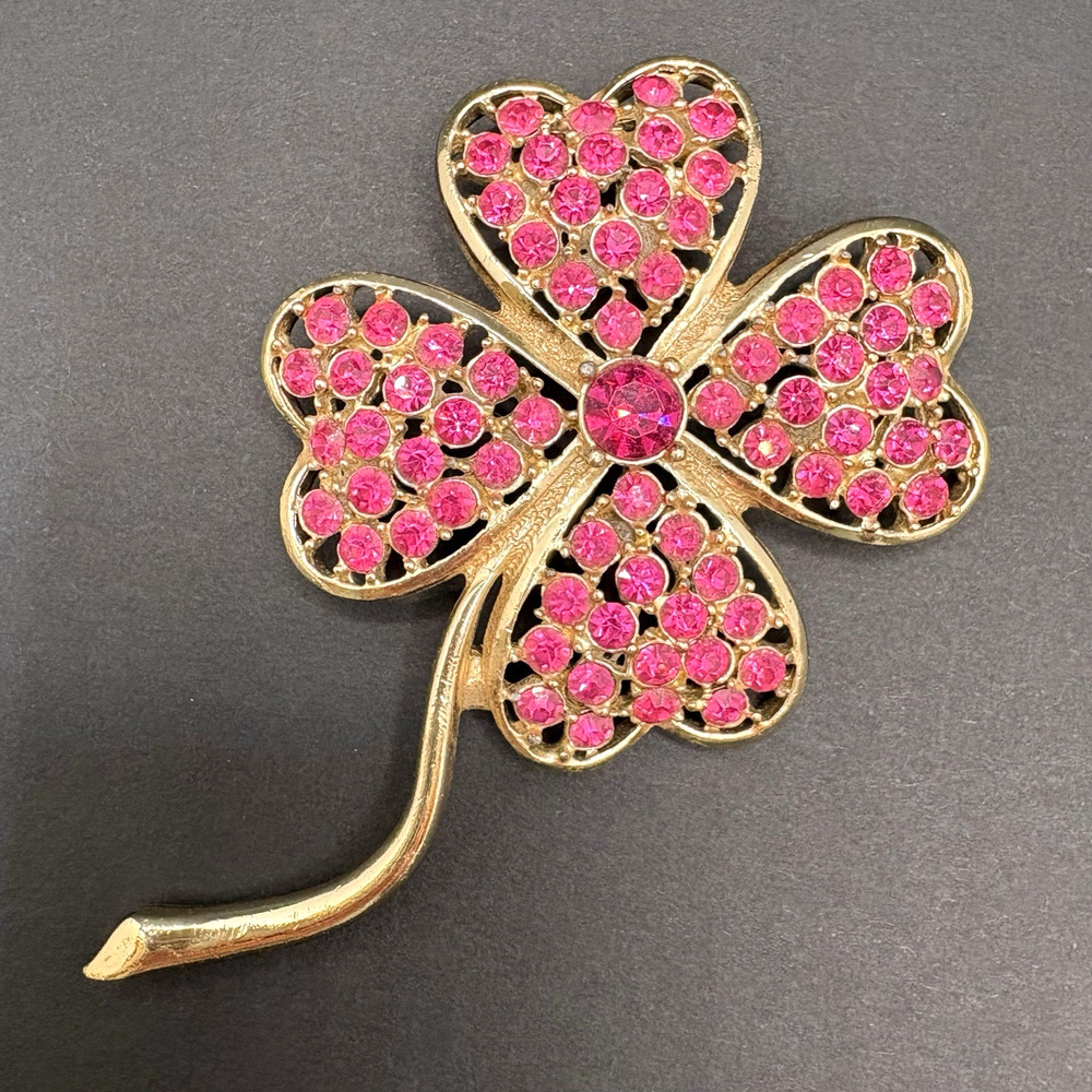 Vintage Sarah Coventry Four Leaf Clover Pink Ice Crystals Gold Tone Brooch Lucky
